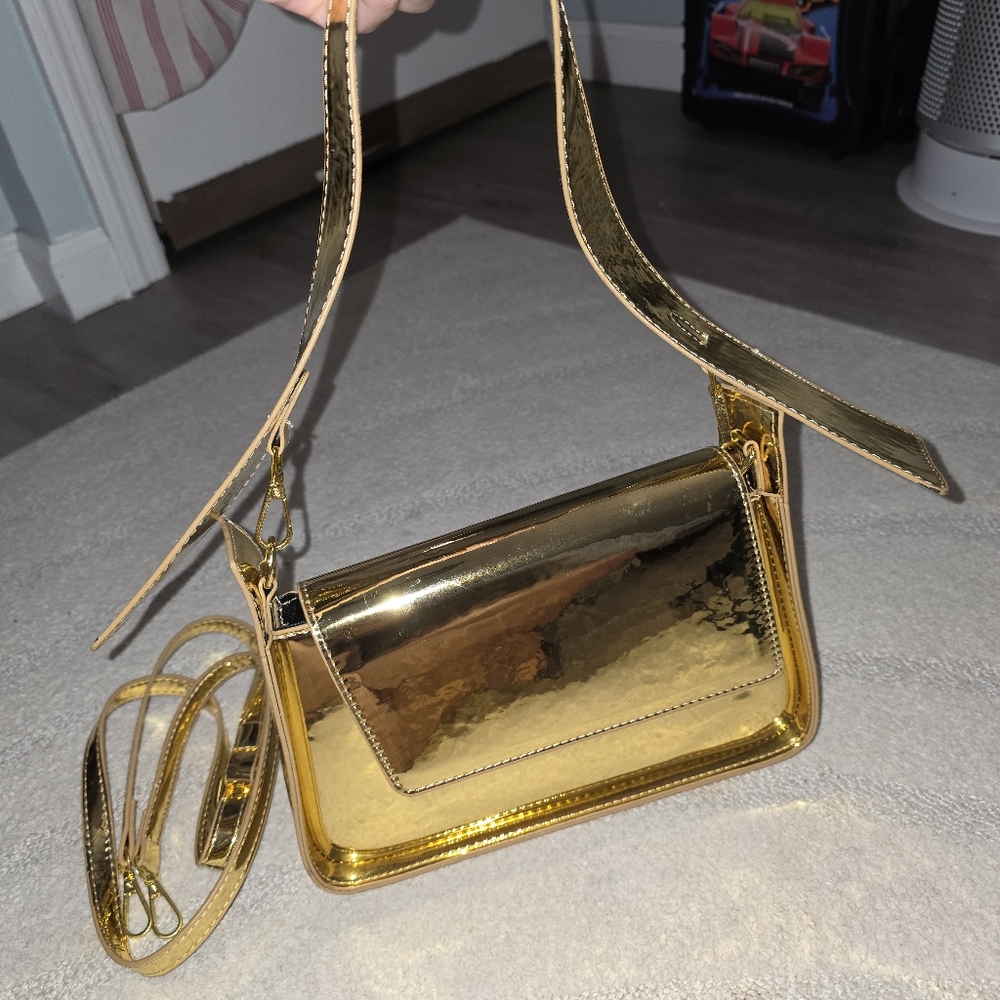 Gold Mirror Metallic Crossbody Purse w/ Extra Strap